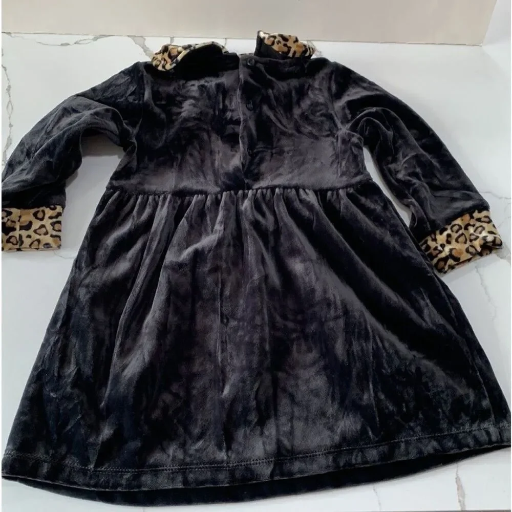 OshKosh BGosh Baby Girls Black Leopard Velvet Long Sleeve Formal Dress Size 18M
